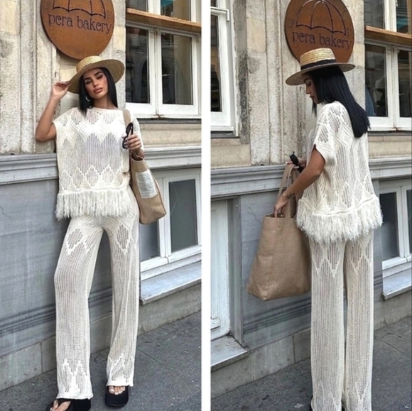 ZARA 2 pc Set OPEN KNIT TUNIC FRINGE and PANTS SIZE S